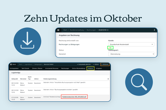 Grafik „Zehn Updates im Oktober“ mit Bildschirmansichten der Rechnungsdetails und Belegungshistorie sowie Download- und Lupensymbol auf hellblauem Hintergrund.