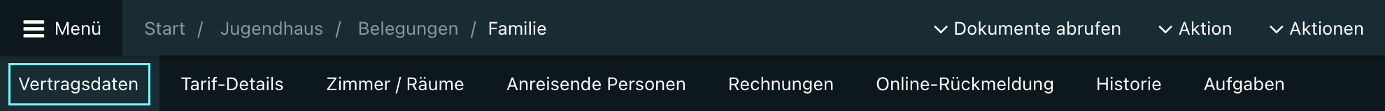 Ansicht des Tabs „Vertragsdaten“ in der Belegungsübersicht.