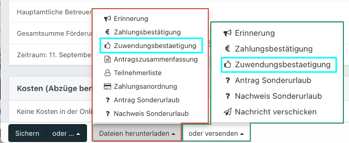 Screenshot aus der Software: geöffnete Dropdown-Menüs, um Dateien herunterzuladen oder zu versenden.