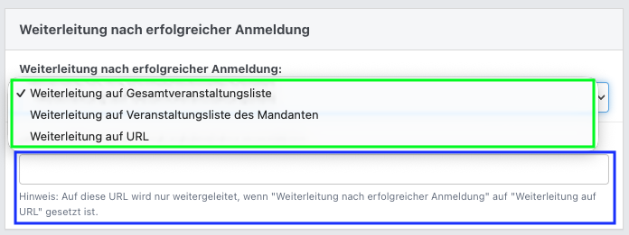 Screenshot einer Veranstaltungsart im Abschnitt "Weiterleitung nach erfolgreicher Anmeldung" mit geöffnetem Dropdown-Menü.