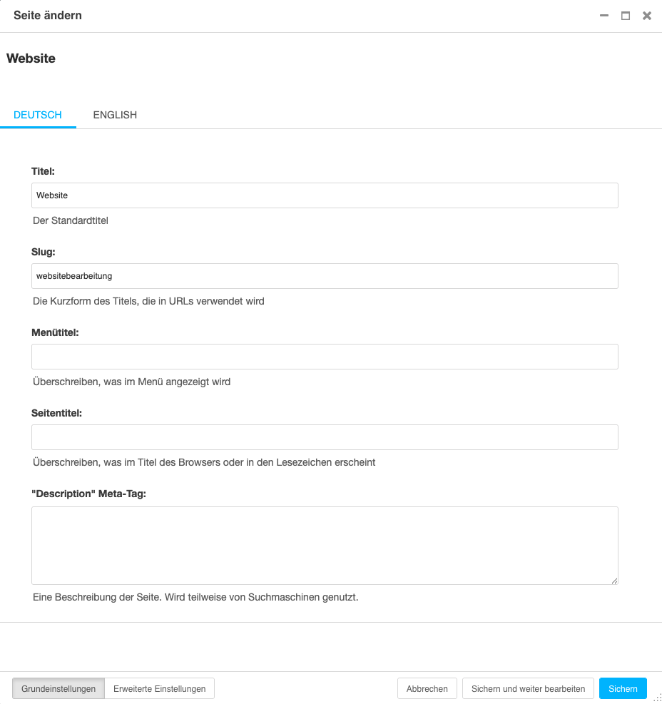 Screenshot der Seiteneinstellungen.