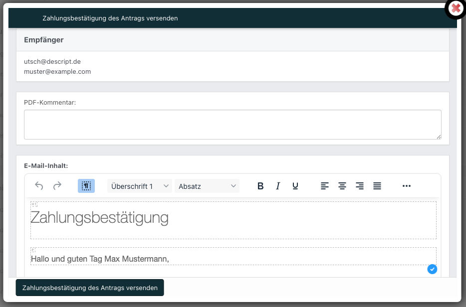 Screenshot aus der Software: geöffnetes Fenster, um Zahlungsbestätigung zu versenden.