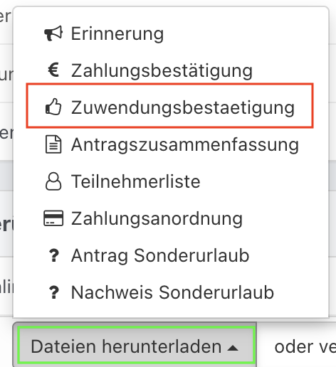 Geöffnetes Dropdown-Menü ‚Dateien herunterladen‘ mit Optionen.