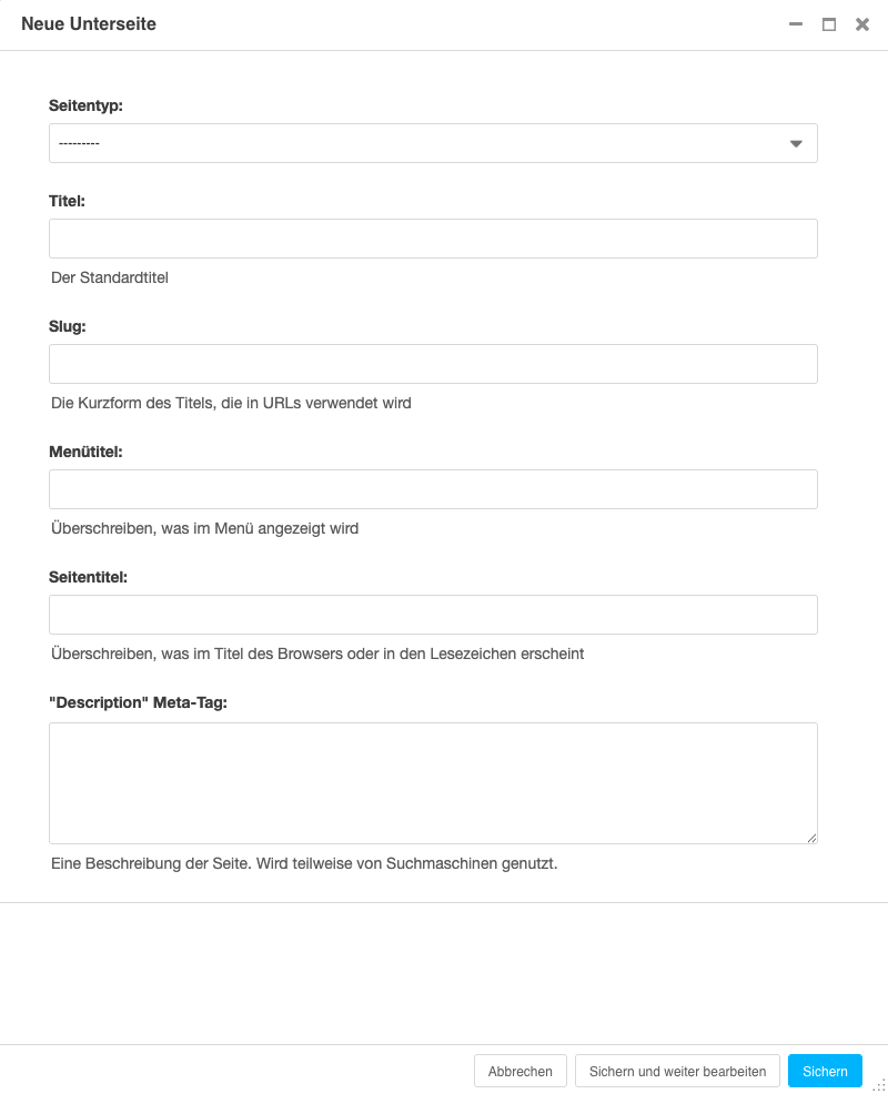 Screenshot des Seitendialogs zur Erstellung einer neuen Unterseite mit Feldern für Titel, Slug, Menü- und Seitentitel sowie Meta-Beschreibung.