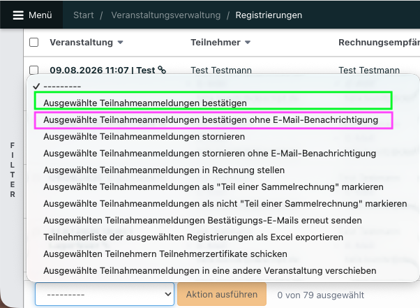 Screenshot der Registrierungsübersicht mit aufgeklappten Massenaktionen.