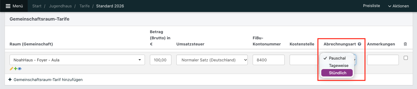 Screenshot eines Tarifs im Abschnitt "Gemeinschaftsraum-Tarife".