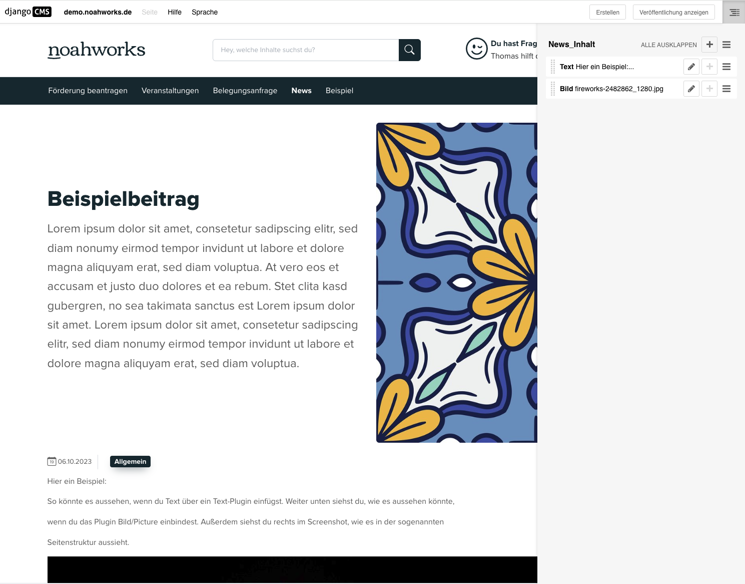 Screenshot aus dem CMS: eine beispielhafte Seite.