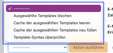 Screenshot der Aktionen für die DB-Template-Übersicht.