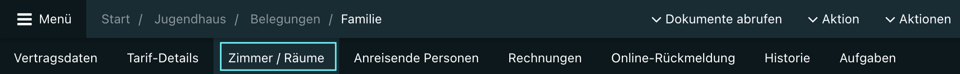 Ansicht des Tabs „Zimmer / Räume“ in der Belegungsübersicht.