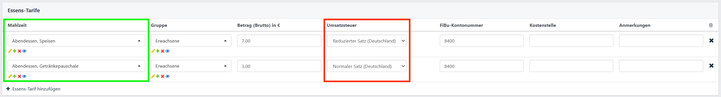 Screenshot aus einem geöffneten Tarif in NoahHaus. Bereich Essens-Tarife.