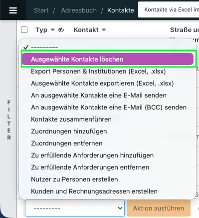 Screenshot der ausgeklappten Massenaktionen im Adressbuch.