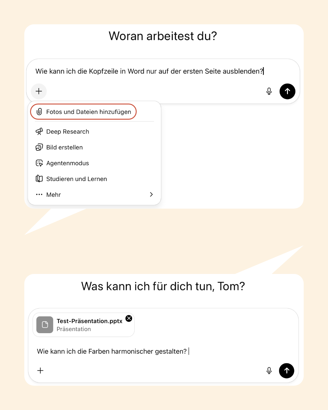 Zwei Screenshots von zwei ChatGPT-Dialogen.