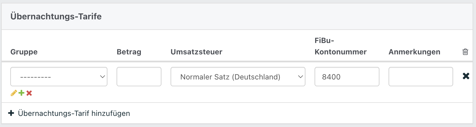 Screenshot aus der Bearbeitung eines neues Tarifs. Zu sehen sind die Eingabemöglichkeiten für einen neuen Tarif.