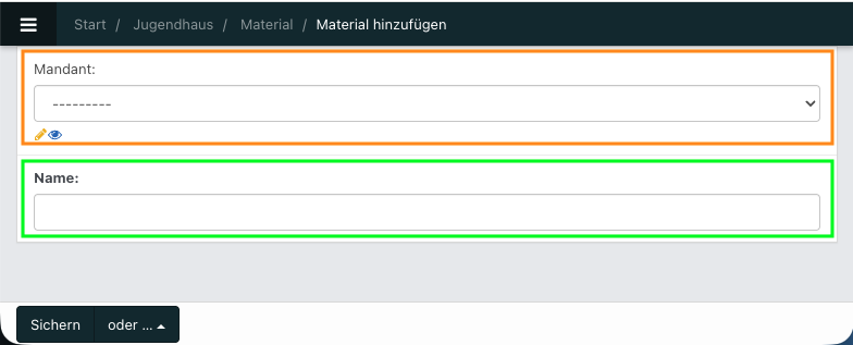 Screenshot der Bearbeitungsansicht eines neuen Materials.