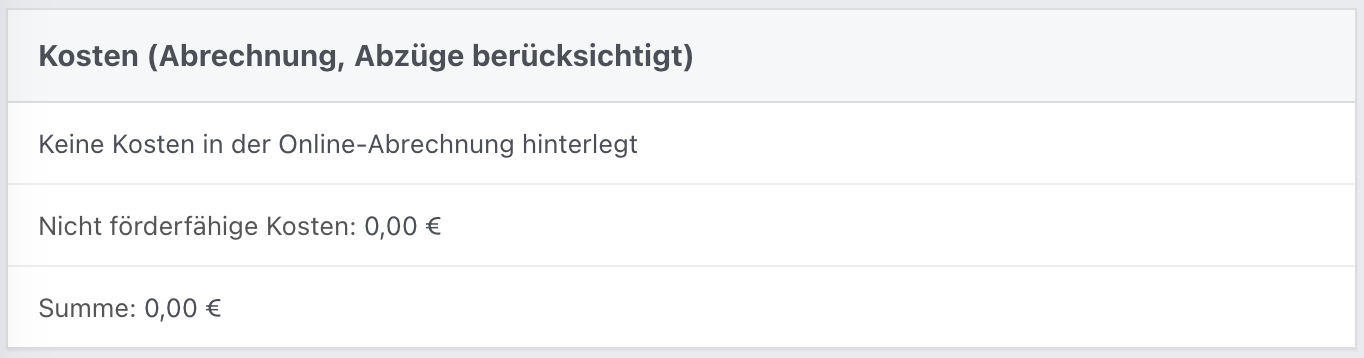 Kostenübersicht der Abrechnung mit dem Hinweis, dass keine Online-Abrechnungskosten hinterlegt sind.