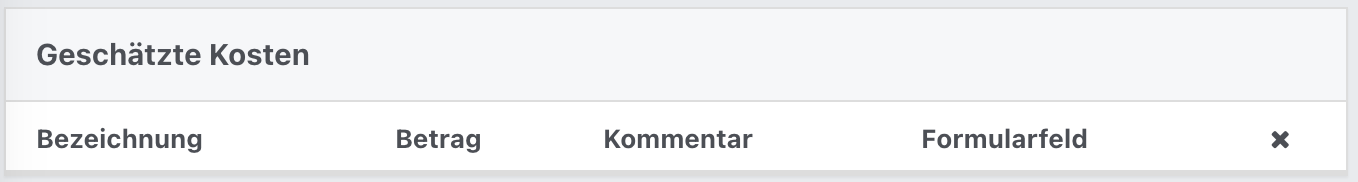Tabelle für geschätzte Kosten mit Spalten für Bezeichnung, Betrag, Kommentar und Formularfeld.