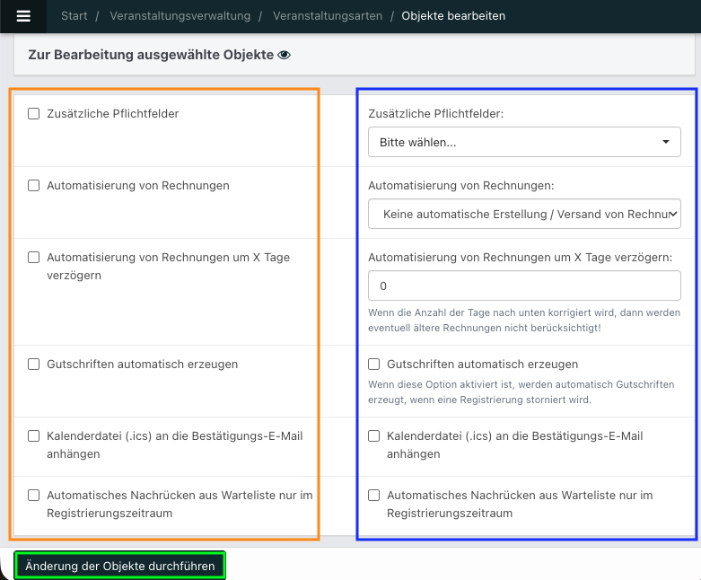 Screenshot aus NoahEvent. Bearbeitungsansicht zur Bearbeitung mehrerer Veranstaltungsarten gleichzeitig.