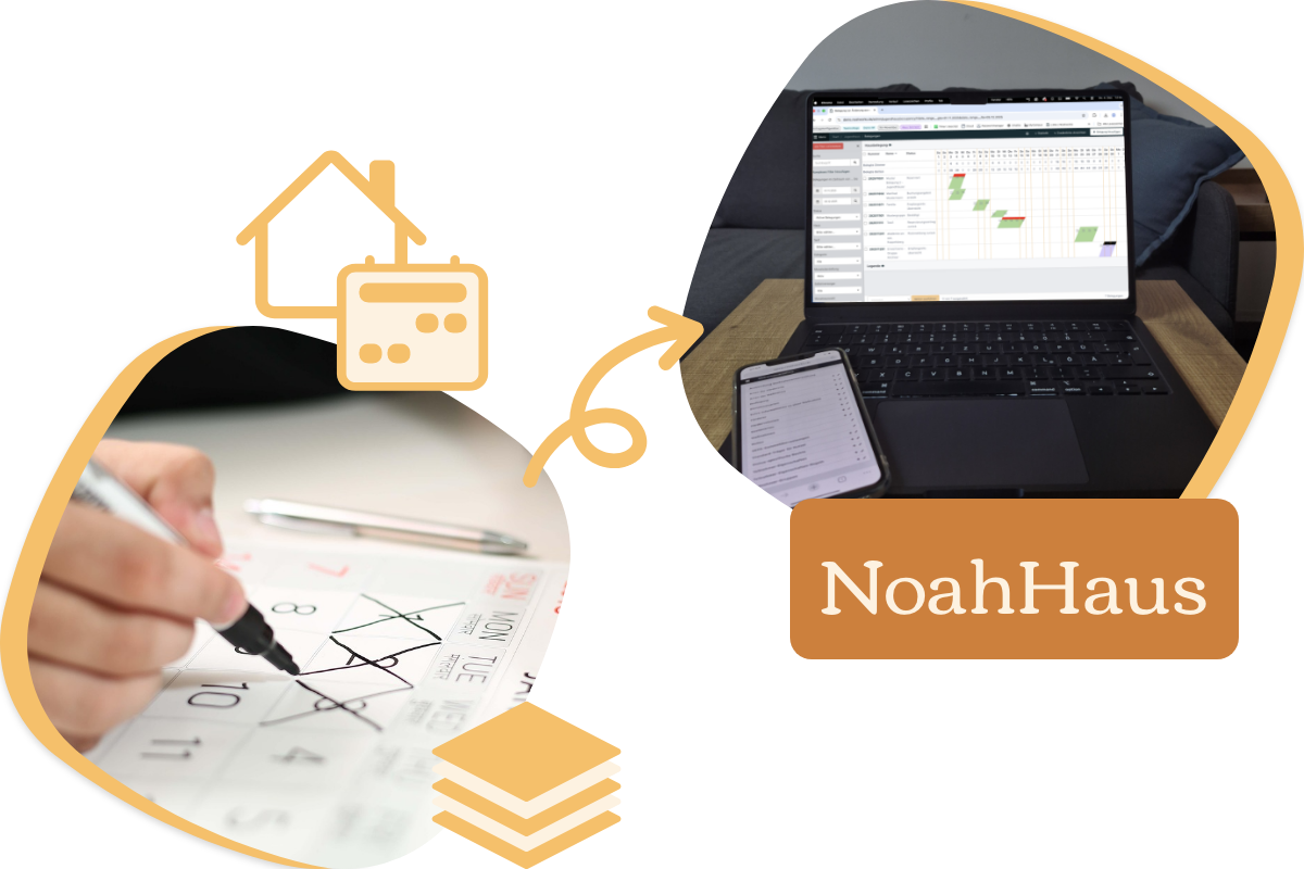 Piktogramm. Links ein Papierkalender, ein Pfeil führt nach rechts zu einem geöffneten Laptop mit NoahHaus-Software.