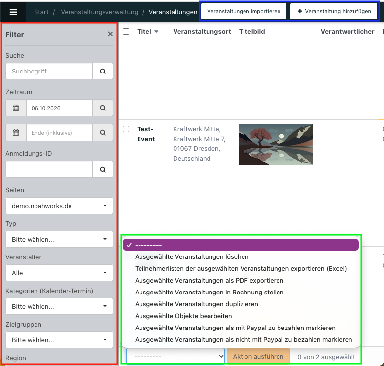 Screenshot der Übersichtsseite über geplante Veranstaltungen. Mit ausgeklappten Filtern und Massenaktionen.