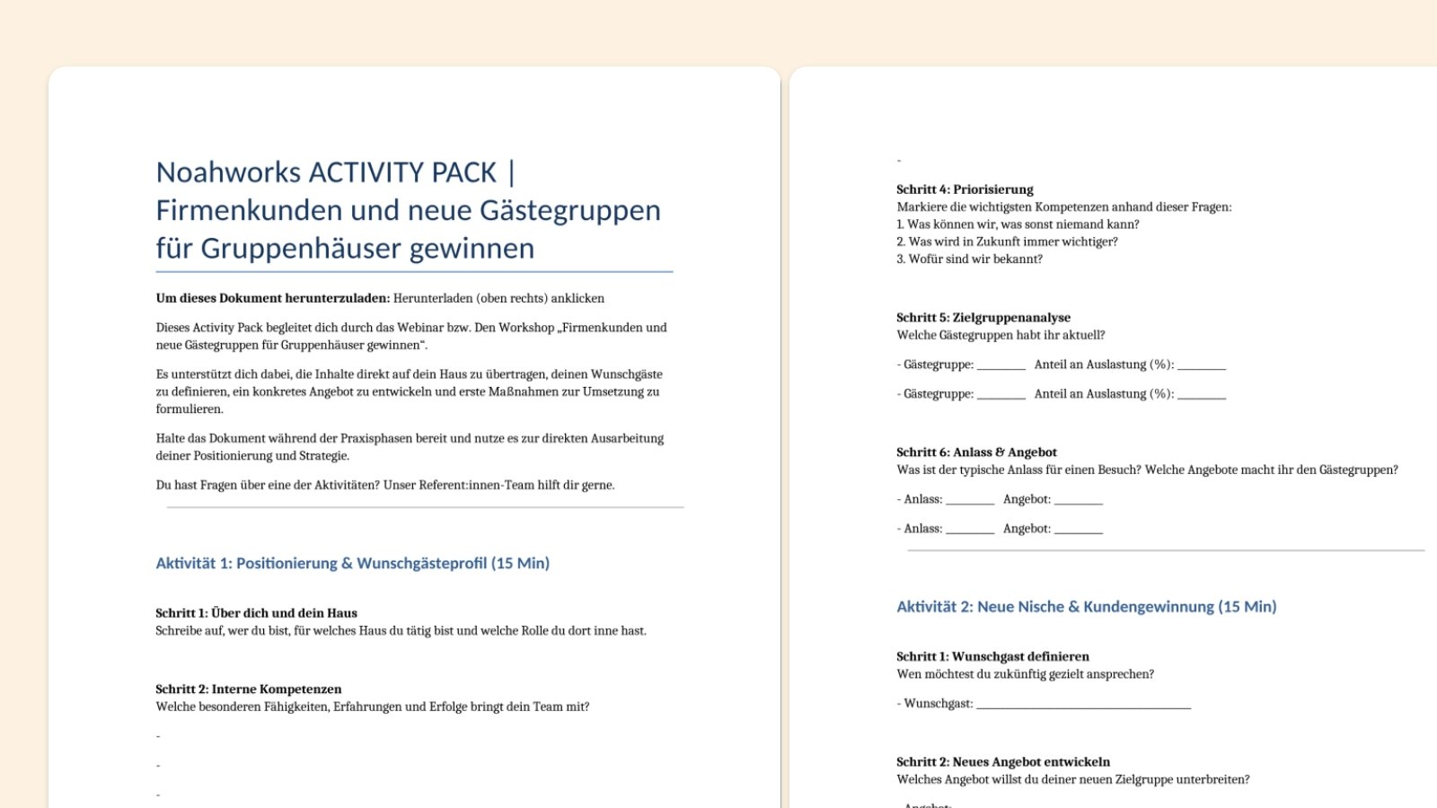 Ausschnitt aus den Seiten des Acitivty Packs für Kundengewinnung