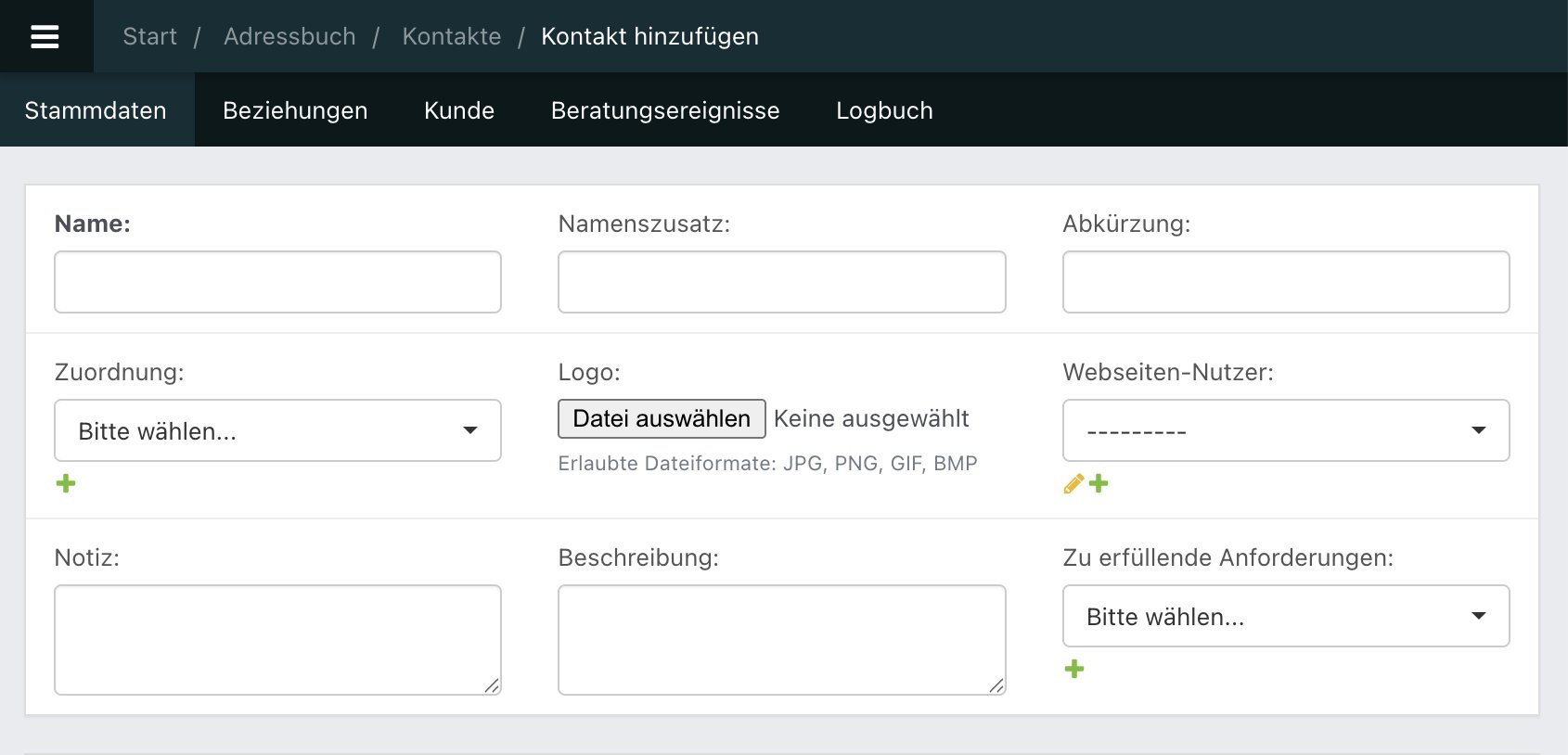 Screenshot aus der Software: Kontaktinstituiton.