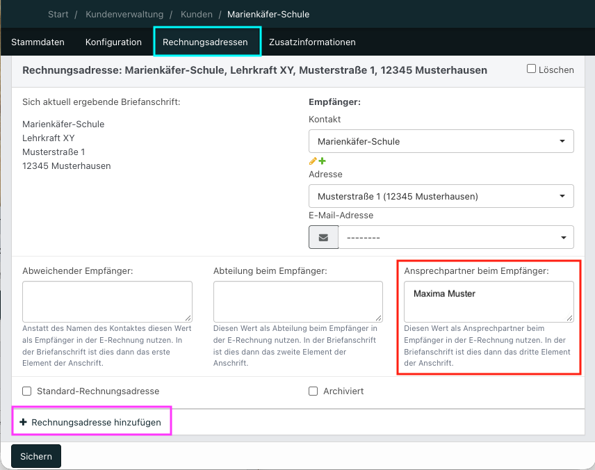 Rechnungsadressen in der Kundenverwaltung von Noahworks. Rot markiert ist das Feld „Ansprechpartner beim Empfänger“, pink die Schaltfläche „Rechnungsadresse hinzufügen“.