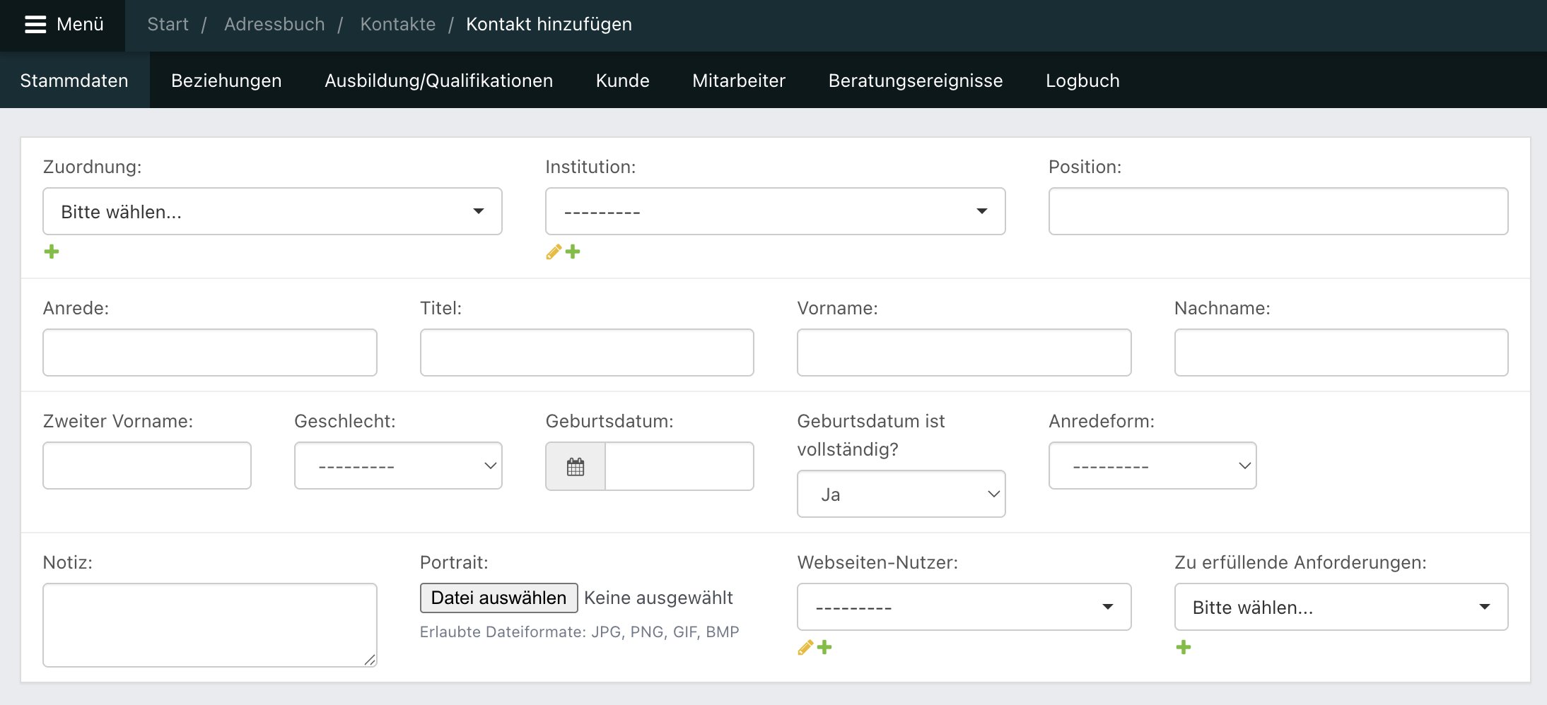 Screenshot aus der Software: Ansicht eines neuen Kontakts.