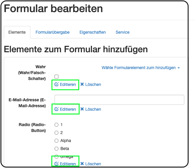 Screenshot eines Formulars im Editiermodus.