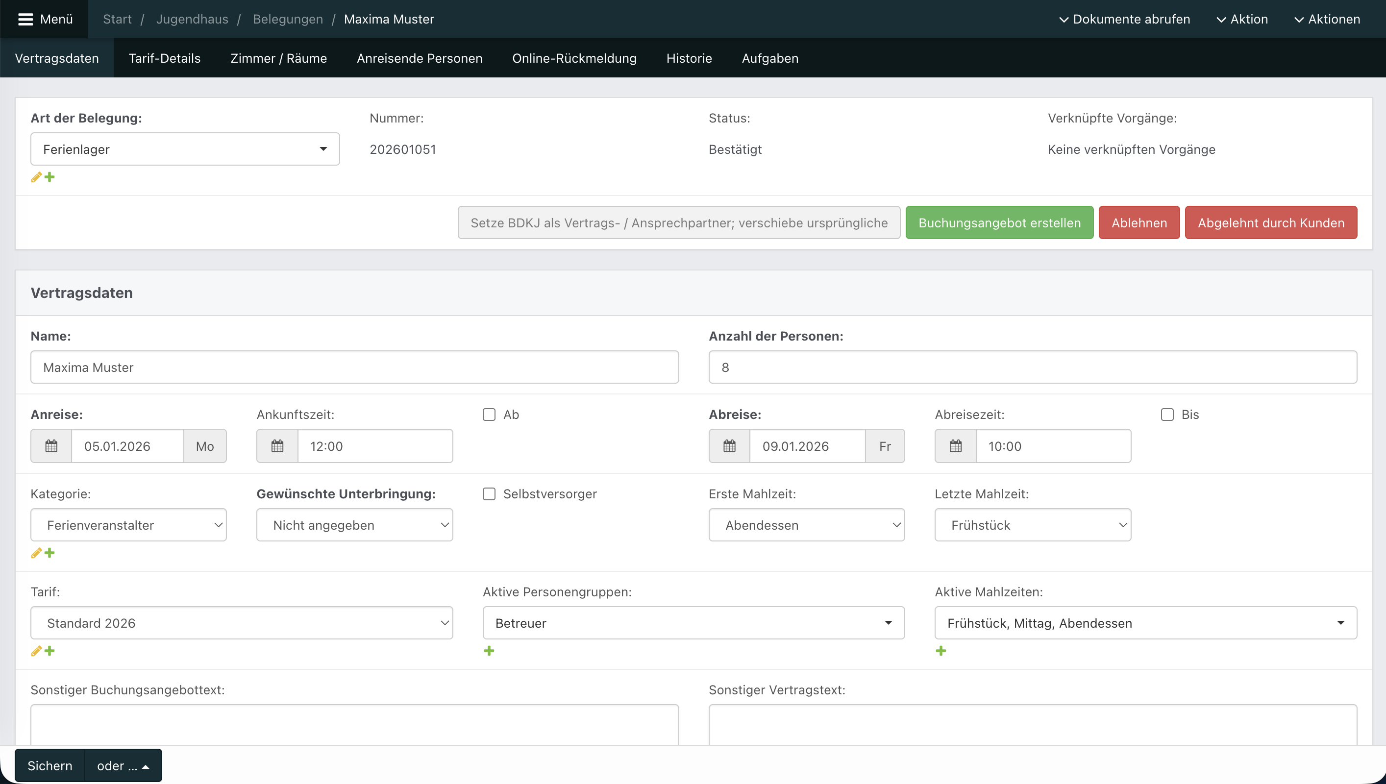 Screenshot aus der Software: geöffnete Belegung im Tab Vertragsdaten.