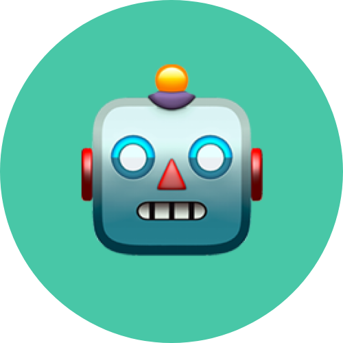 Im Hintergrund ein grüner Kreis, darauf das Emoji eines Roboterkopfes.
