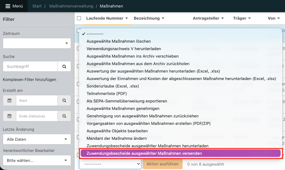 Screenshot aus der Software: geöffnete Massenaktionen für Maßnahmen.