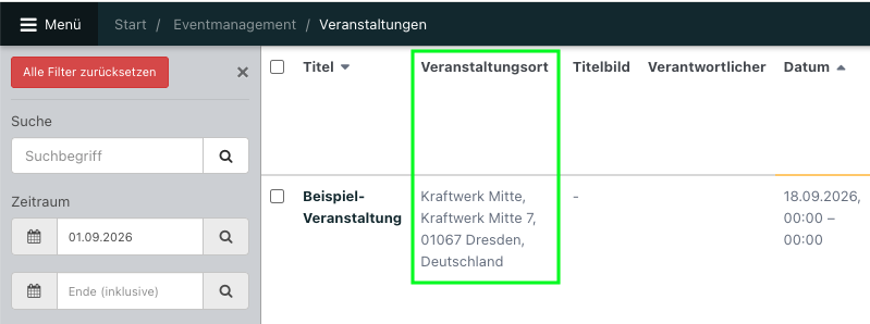 Screenshot aus der Software: geöffnete Eventübersicht mit neuem Tabellenkopf "Veranstaltungsort".