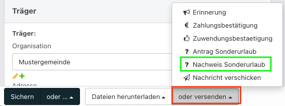Screenshot aus der Software: geöffnete Dropdown-Menüs, um Dateien zu versenden.