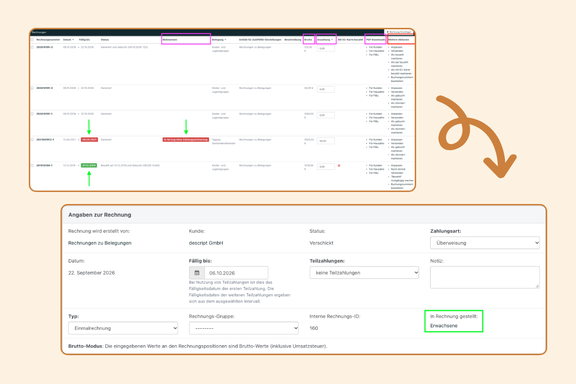 Vergleich der Rechnungsübersicht und der Rechnungsdetails in NoahHaus nach dem Software-Update. Ein Pfeil verbindet beide Ansichten. Farbige Markierungen heben neue Felder und Funktionen hervor.