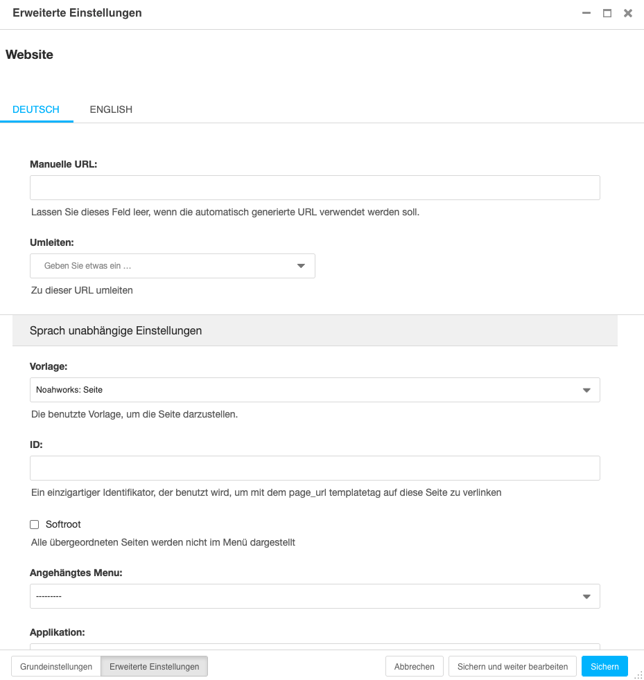 Screenshot der erweiterten Seiteneinstellungen.