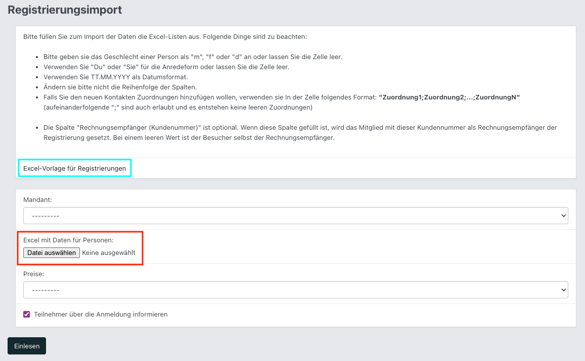 Screenshot aus der Software: geöffneter Registrierungsimport.