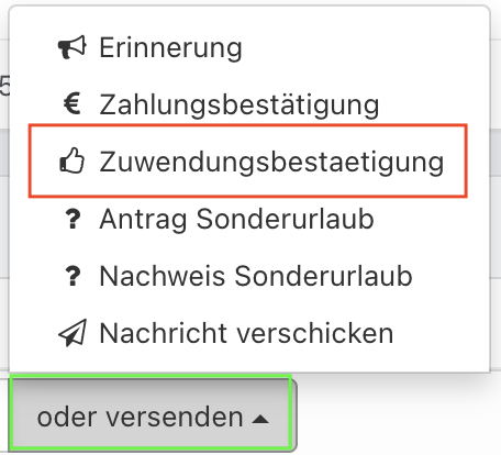 Geöffnetes Dropdown-Menü ‚oder versenden‘ mit Optionen.