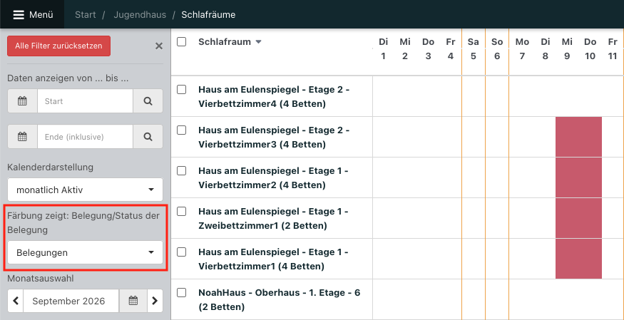 Screenshot der Schlafraumübersicht mit Filter auf Belegungen.