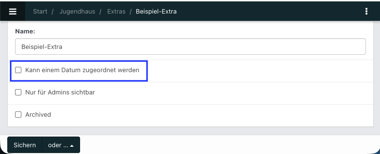 Screenshot der Bearbeitung eines neuen Extras.