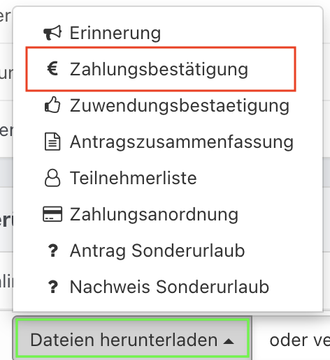Geöffnetes Dropdown-Menü ‚Dateien herunterladen‘ mit Optionen.