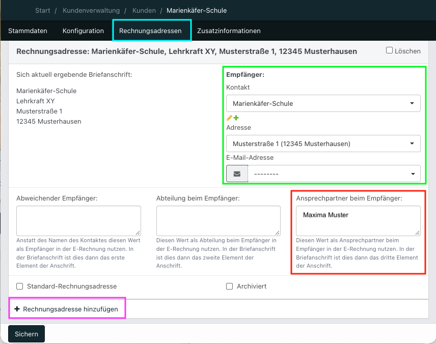 Rechnungsadressen in der Kundenverwaltung von Noahworks. Rot markiert ist das Feld „Ansprechpartner beim Empfänger“, pink die Schaltfläche „Rechnungsadresse hinzufügen“.