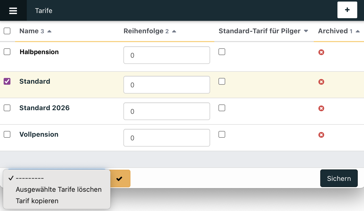 Screenshot aus der Software: geöffnete Tarife und Aktion kopieren.