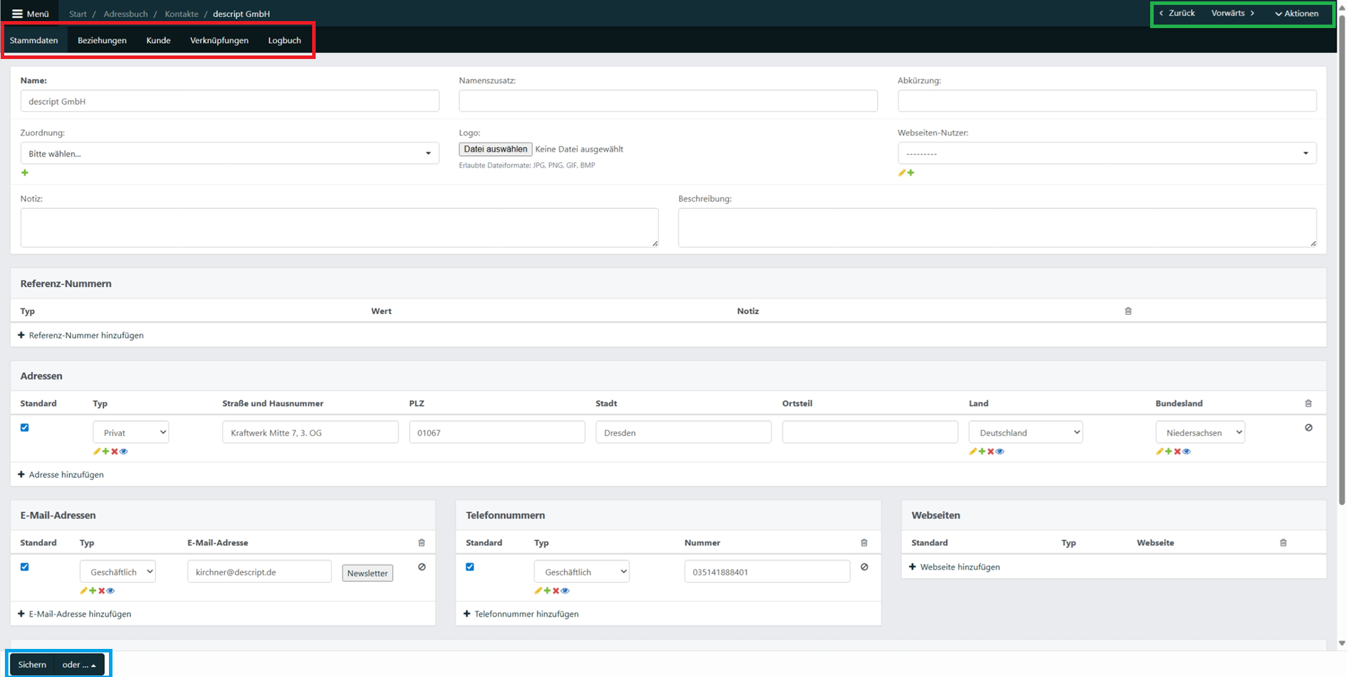 Screenshot der Noahworks-Oberfläche mit Ansicht eines beispielhaften Kontakts