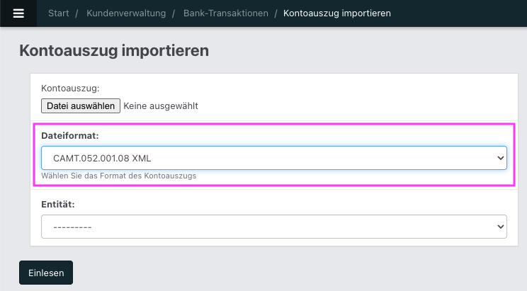 Screenshot der geöffneten Aktion für den Import eines Kontoauszugs.