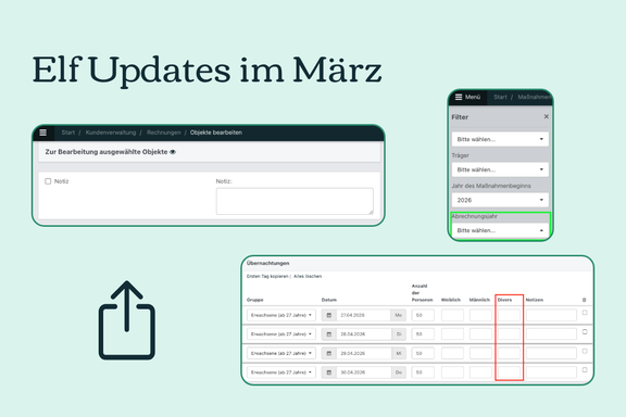 Hellgrüner Hintergrund. Darauf 3 Screenshots aus der Software, die die Updates zeigen.