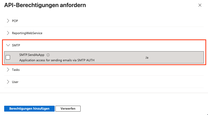 Screenshot aus dem MS Entra Admin Center. Zu sehen ist das Auswählen der SMTP.