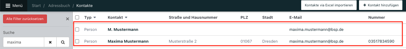 Screenshot aus der Software: geöffnetes Adressbuch mit aktivem Filter auf "Maxima".