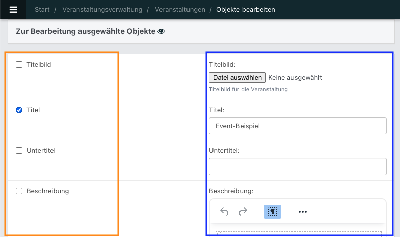 Screenshot aus NoahEvent. Bearbeitungsansicht zur Bearbeitung mehrerer Events gleichzeitig.