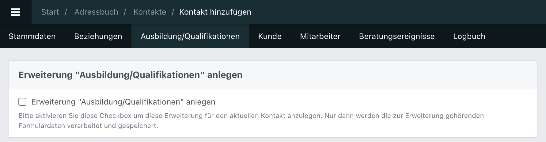 Screenshot aus der Software: Tab Ausbildung/Qualifikation.