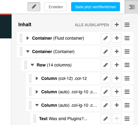 Screenshot einer Benutzeroberfläche zur Strukturierung von Webseiten-Inhalten.